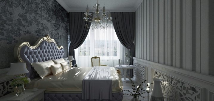 Gray curtains in the interior of the bedroom