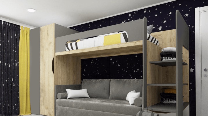 Features loft beds with sofas below
